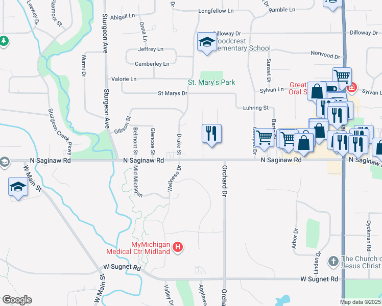 map of restaurants, bars, coffee shops, grocery stores, and more near 2659-2835 North Saginaw Road in Midland Township