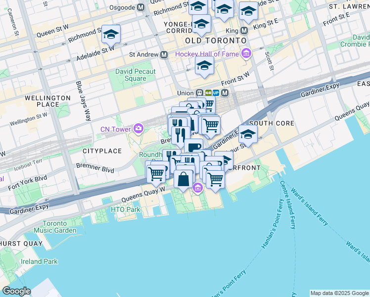 map of restaurants, bars, coffee shops, grocery stores, and more near 19 Grand Trunk Crescent in Toronto