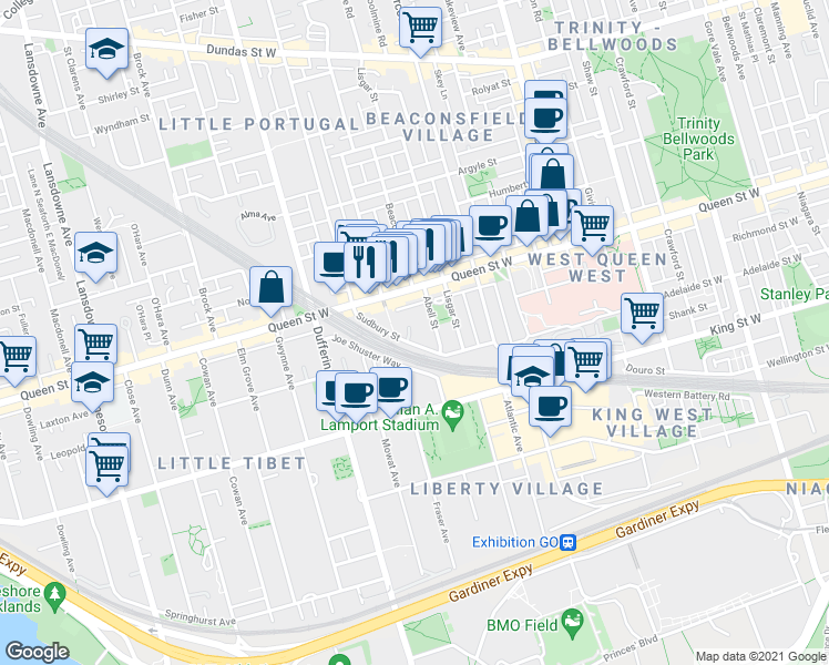map of restaurants, bars, coffee shops, grocery stores, and more near 170 Sudbury Street in Toronto