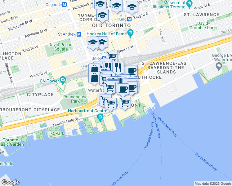 map of restaurants, bars, coffee shops, grocery stores, and more near 187 The PATH - One York Street in Toronto