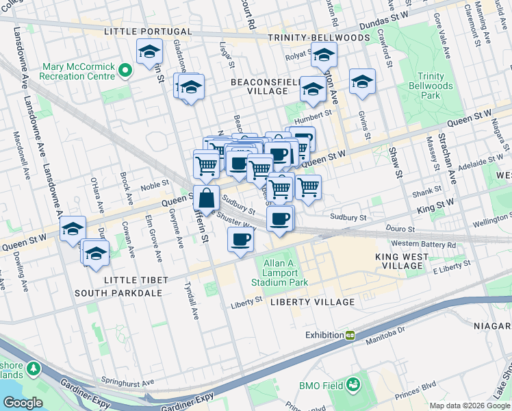 map of restaurants, bars, coffee shops, grocery stores, and more near 170 Sudbury Street in Toronto