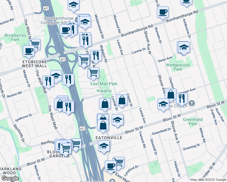 map of restaurants, bars, coffee shops, grocery stores, and more near 48 Blaketon Road in Toronto