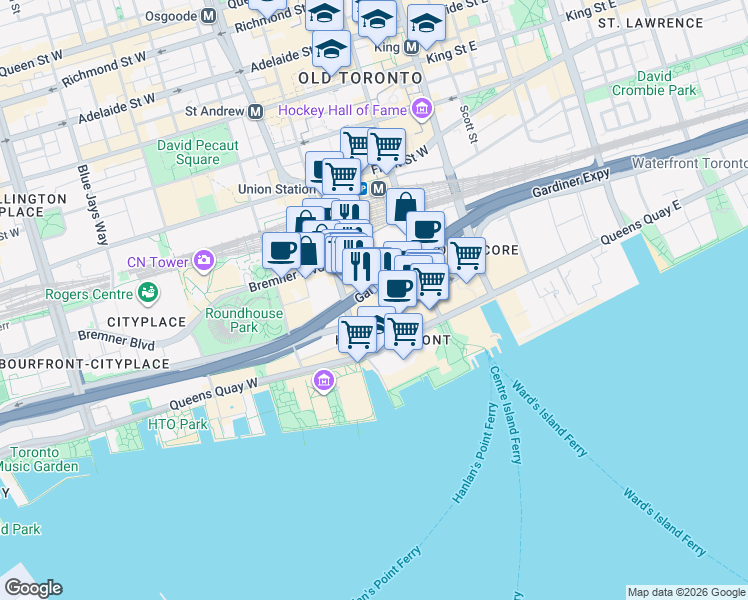 map of restaurants, bars, coffee shops, grocery stores, and more near 100 Harbour Street in Toronto