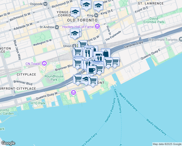 map of restaurants, bars, coffee shops, grocery stores, and more near 88 Harbour Street in Toronto