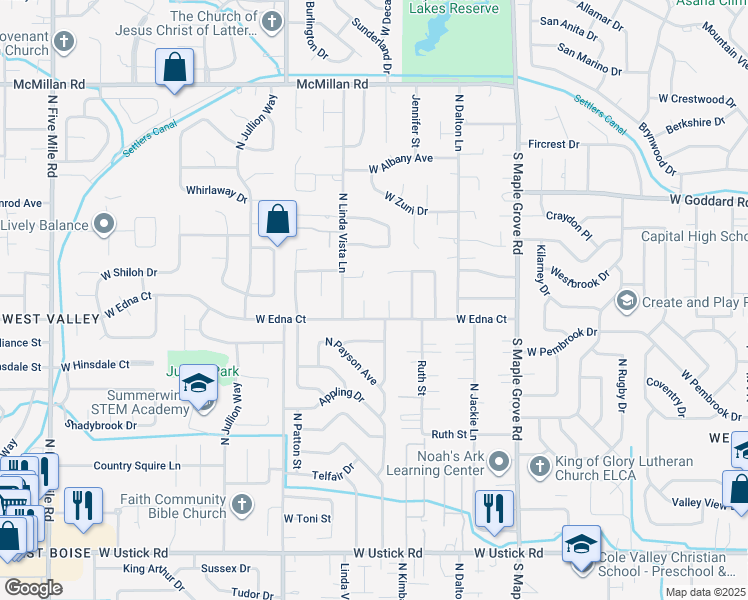 map of restaurants, bars, coffee shops, grocery stores, and more near 9557 Lorinda Court in Boise