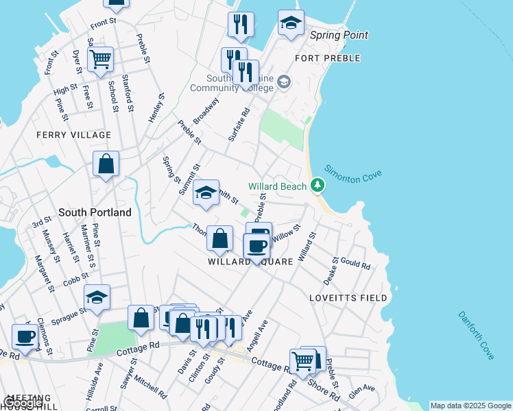 map of restaurants, bars, coffee shops, grocery stores, and more near 317 Preble Street in South Portland