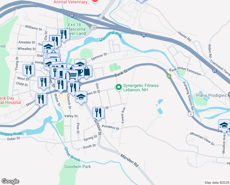 map of restaurants, bars, coffee shops, grocery stores, and more near 42 Green Street in Lebanon