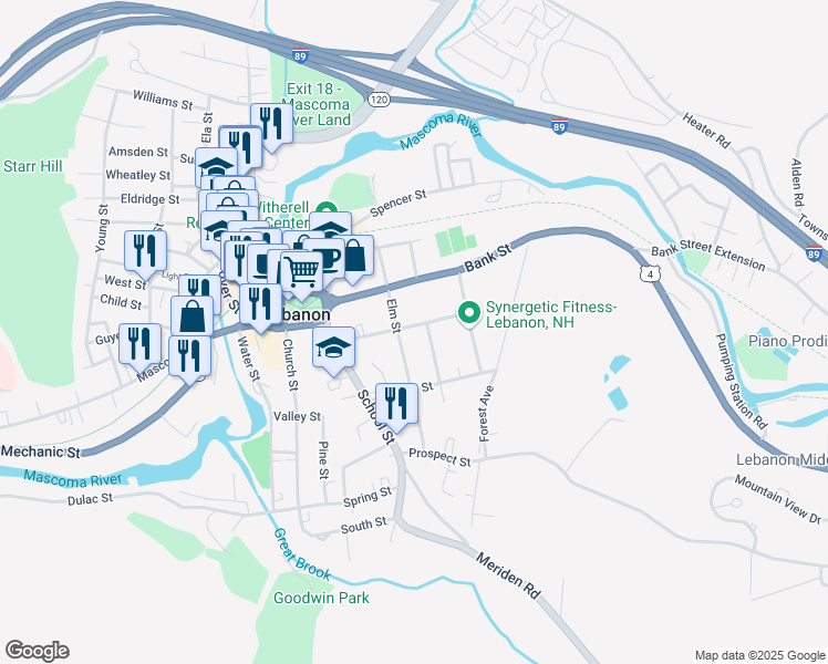 map of restaurants, bars, coffee shops, grocery stores, and more near 23 Elm Street in Lebanon