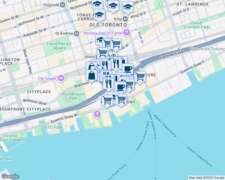 map of restaurants, bars, coffee shops, grocery stores, and more near in Toronto