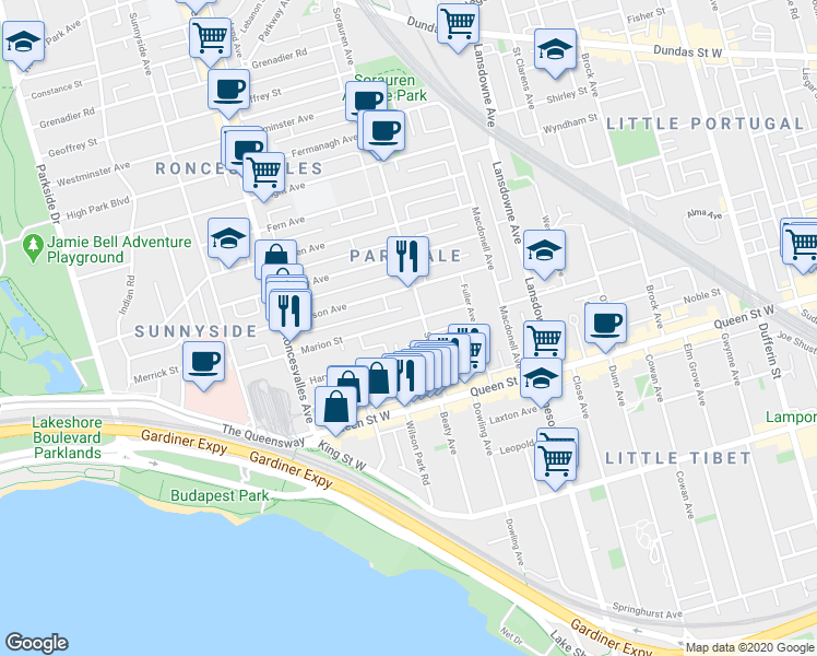 map of restaurants, bars, coffee shops, grocery stores, and more near in Toronto