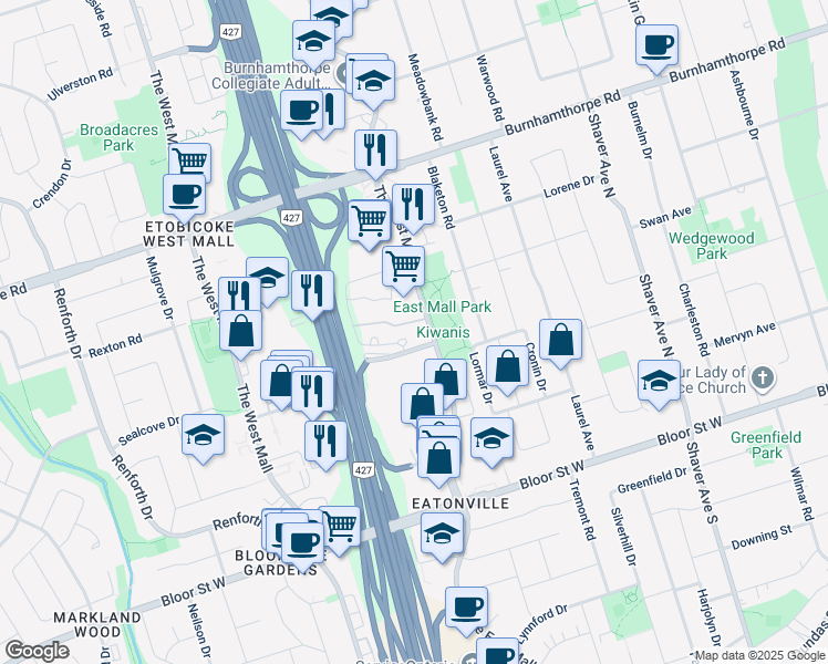 map of restaurants, bars, coffee shops, grocery stores, and more near 362 The East Mall in Toronto