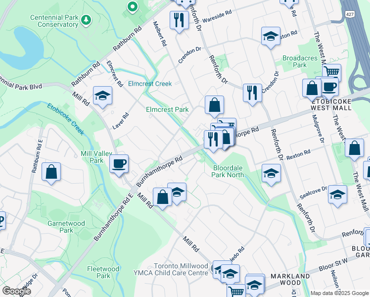 map of restaurants, bars, coffee shops, grocery stores, and more near in Toronto