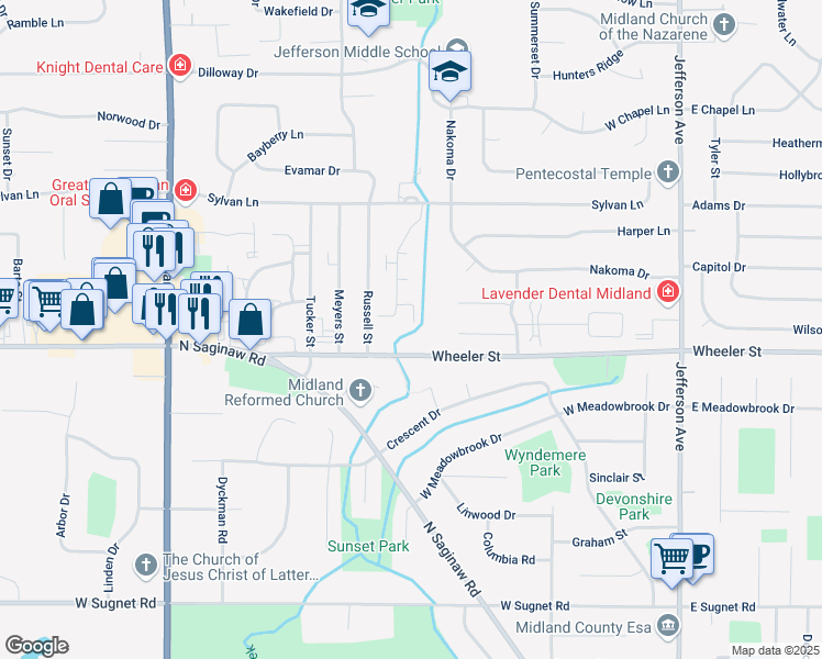 map of restaurants, bars, coffee shops, grocery stores, and more near 4904 Whisper Ridge in Midland