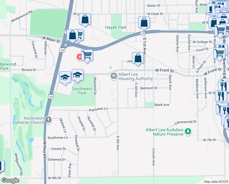 map of restaurants, bars, coffee shops, grocery stores, and more near 820 South 4th Avenue in Albert Lea