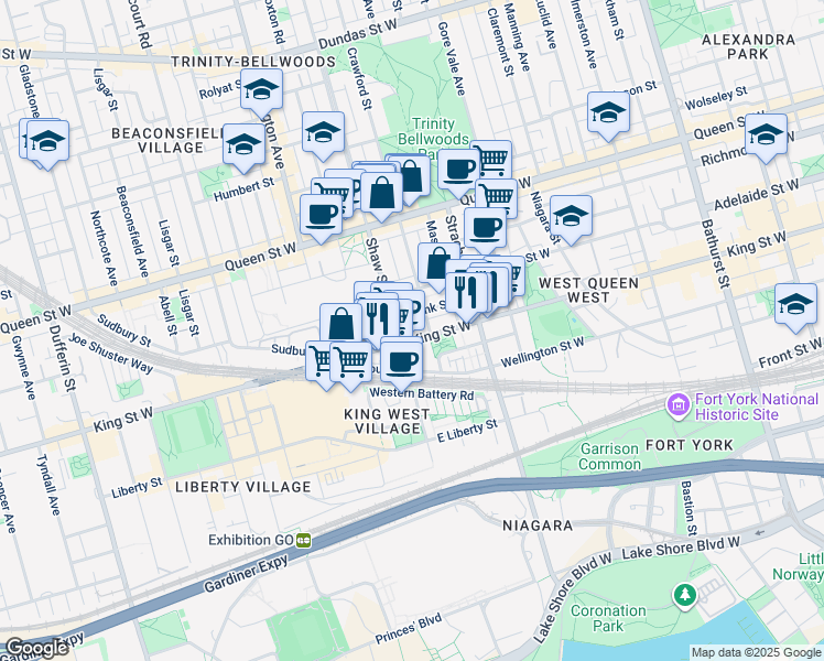 map of restaurants, bars, coffee shops, grocery stores, and more near 1000 King Street West in Toronto