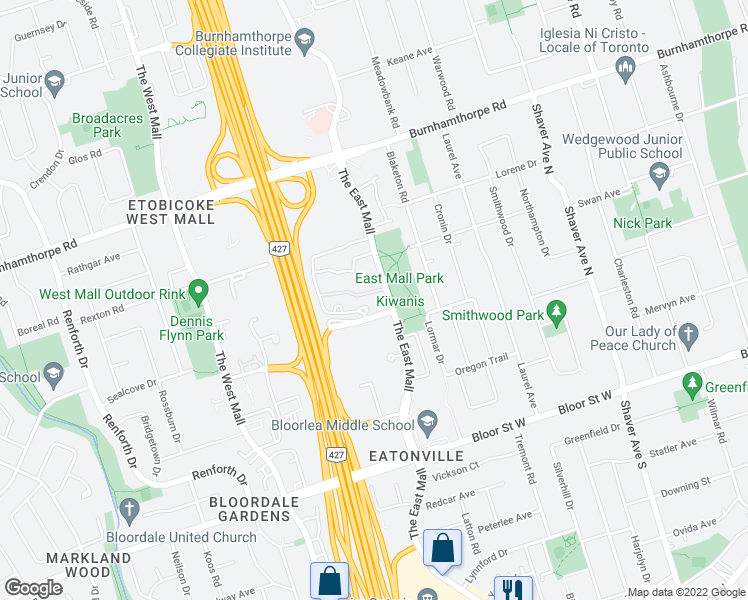 map of restaurants, bars, coffee shops, grocery stores, and more near 362 The East Mall in Toronto