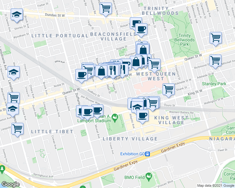 map of restaurants, bars, coffee shops, grocery stores, and more near 45 Lisgar Street in Toronto