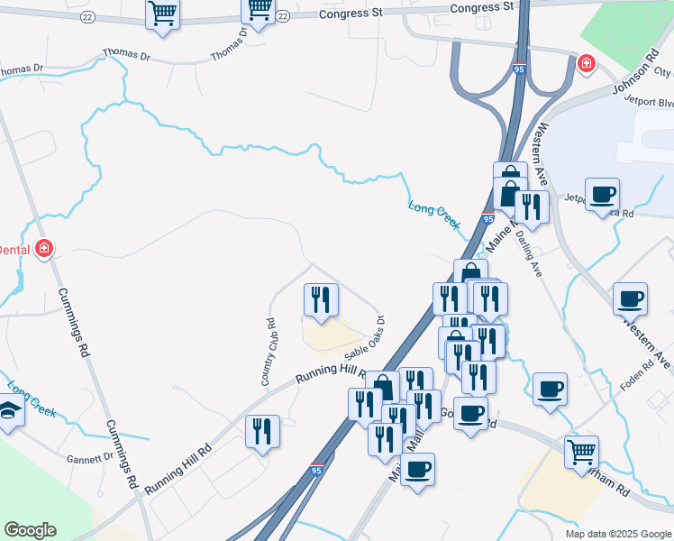 map of restaurants, bars, coffee shops, grocery stores, and more near 601 Sable Oaks Drive in South Portland