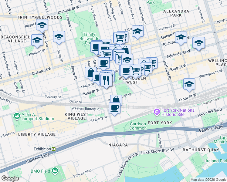 map of restaurants, bars, coffee shops, grocery stores, and more near 25 Stafford Street in Toronto