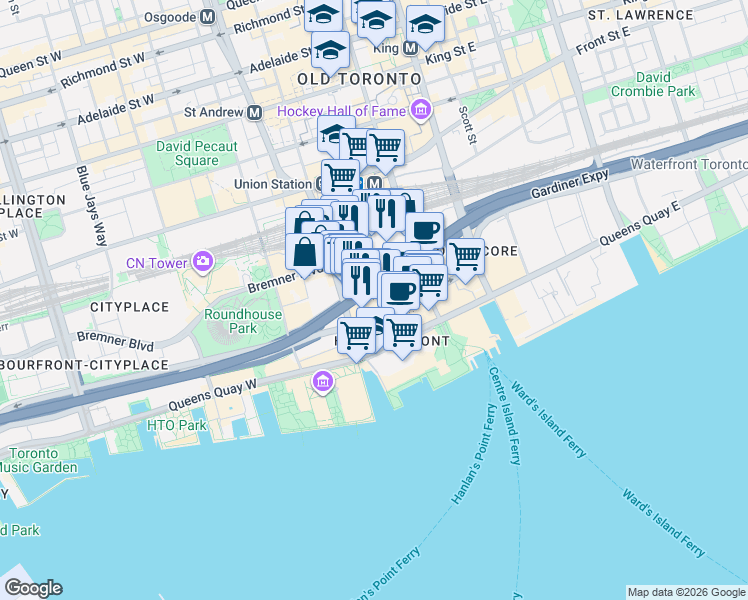 map of restaurants, bars, coffee shops, grocery stores, and more near 10 Queens Quay West in Toronto