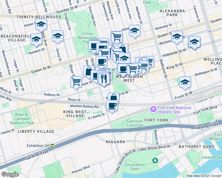 map of restaurants, bars, coffee shops, grocery stores, and more near 25 Stafford Street in Toronto