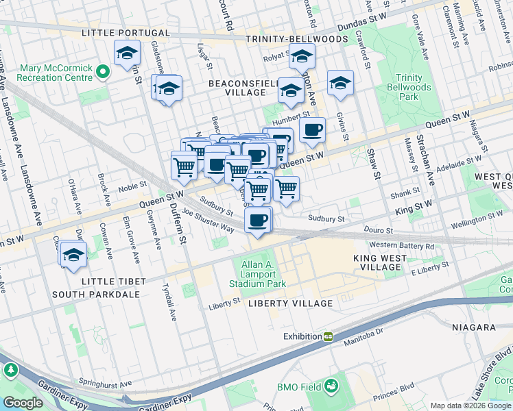 map of restaurants, bars, coffee shops, grocery stores, and more near 36 Lisgar Street in Toronto