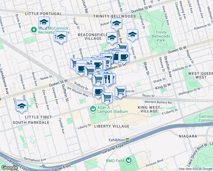 map of restaurants, bars, coffee shops, grocery stores, and more near 22 Dovercourt Road in Toronto