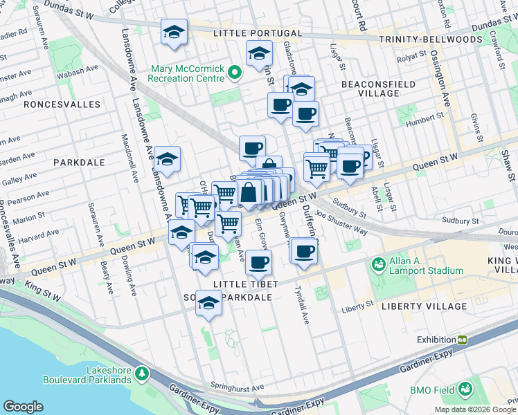 map of restaurants, bars, coffee shops, grocery stores, and more near 1320 Queen Street West in Toronto