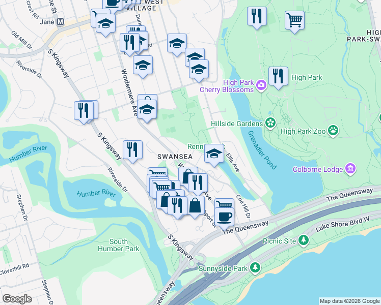 map of restaurants, bars, coffee shops, grocery stores, and more near 101 Coe Hill Drive in Toronto