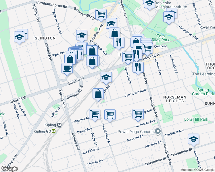 map of restaurants, bars, coffee shops, grocery stores, and more near 28 Fieldway Road in Toronto