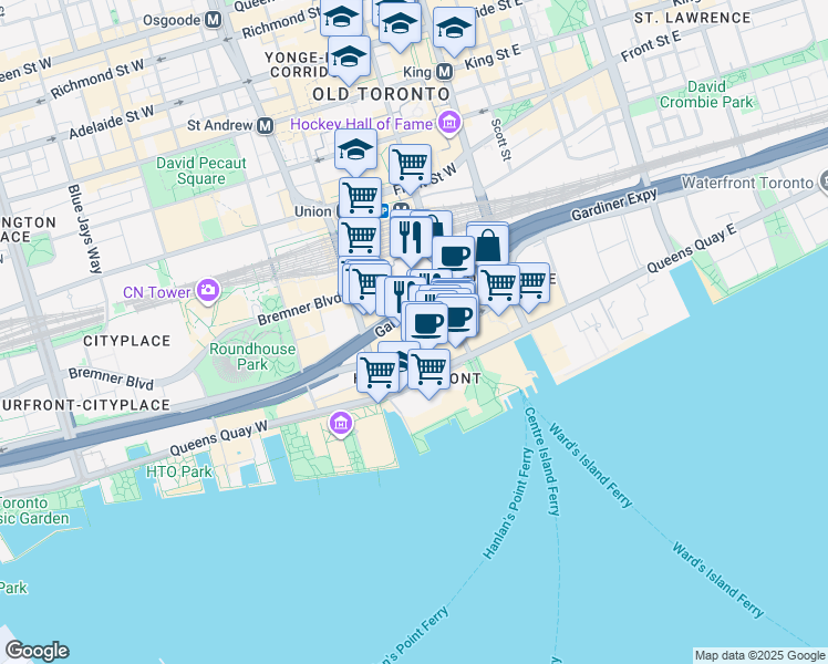 map of restaurants, bars, coffee shops, grocery stores, and more near 88 Harbour Street in Toronto
