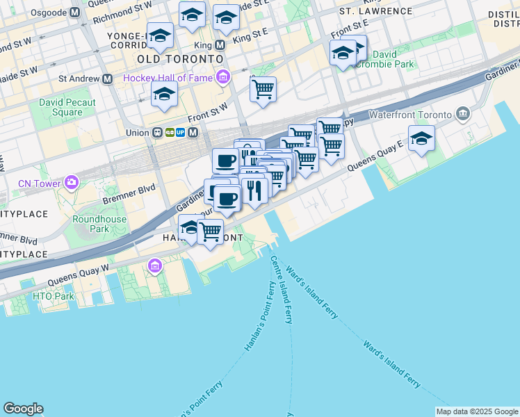 map of restaurants, bars, coffee shops, grocery stores, and more near 10 Queens Quay West in Toronto