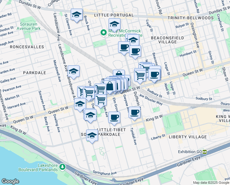 map of restaurants, bars, coffee shops, grocery stores, and more near 1320 Queen Street West in Toronto