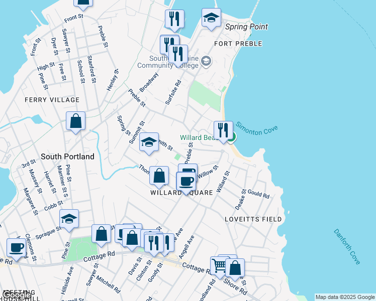 map of restaurants, bars, coffee shops, grocery stores, and more near 308 Preble Street in South Portland