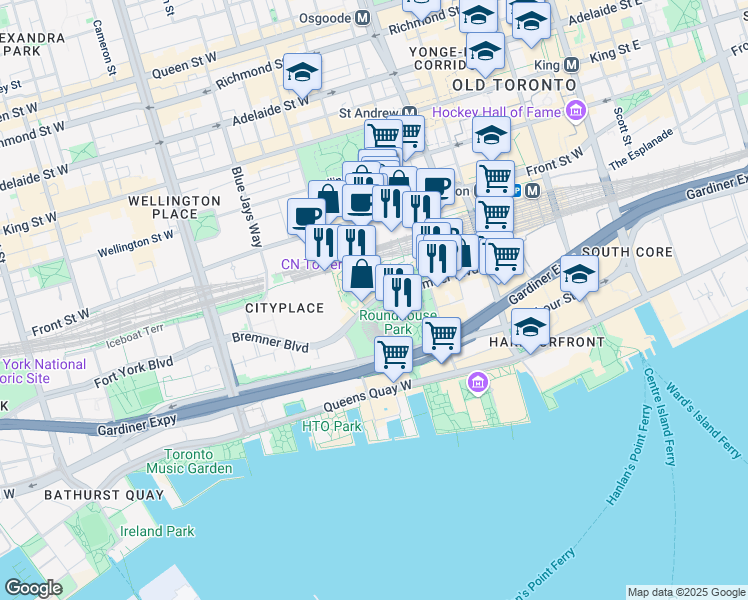 map of restaurants, bars, coffee shops, grocery stores, and more near Bremner Boulevard in Toronto