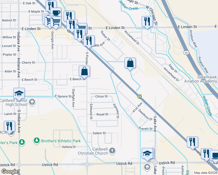 map of restaurants, bars, coffee shops, grocery stores, and more near 416 Canal Street in Caldwell