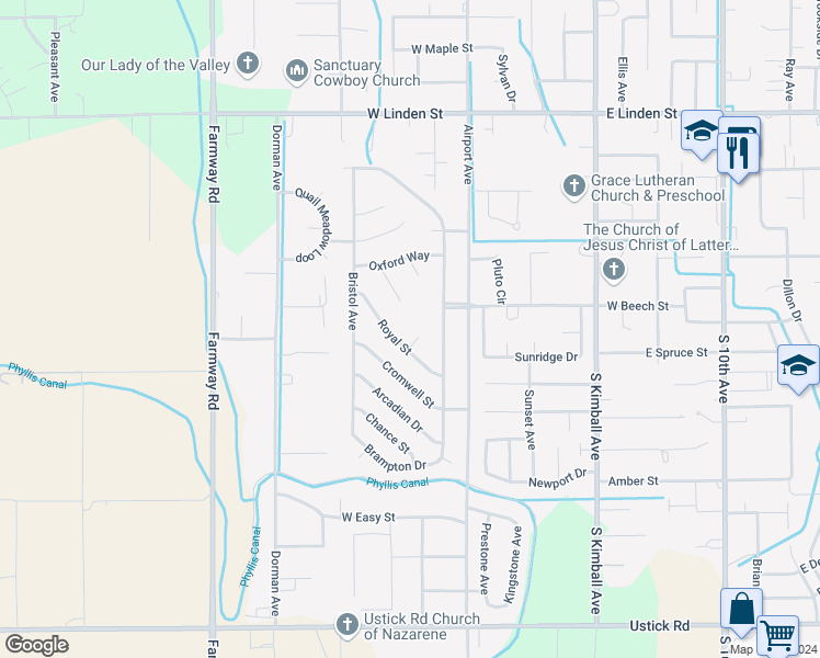 map of restaurants, bars, coffee shops, grocery stores, and more near 3212 Regent Place in Caldwell