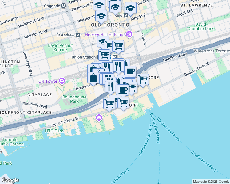 map of restaurants, bars, coffee shops, grocery stores, and more near 88 Harbour Street in Toronto