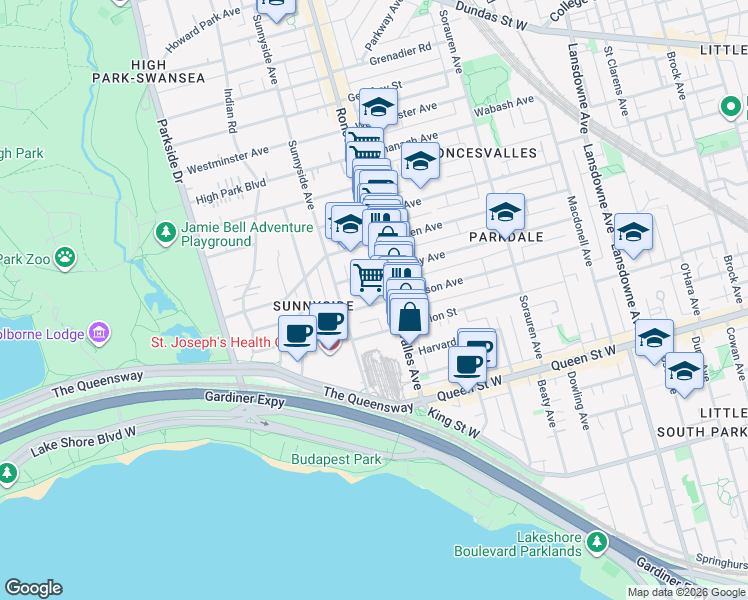 map of restaurants, bars, coffee shops, grocery stores, and more near 210 Pearson Avenue in Toronto