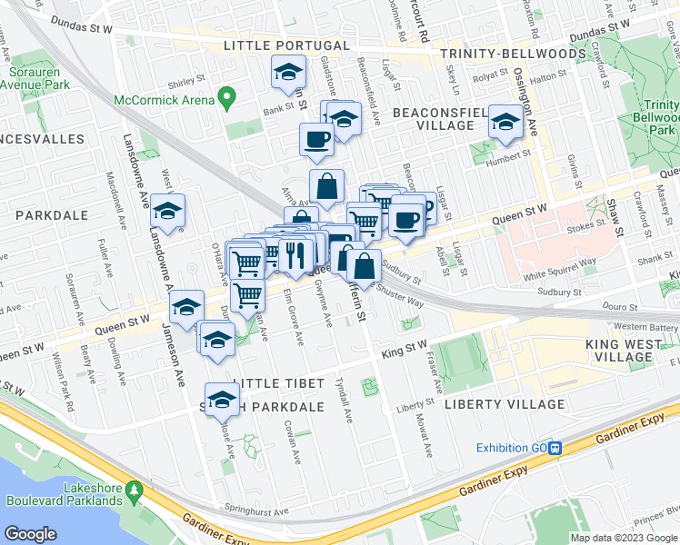 map of restaurants, bars, coffee shops, grocery stores, and more near 1266 Queen Street West in Toronto