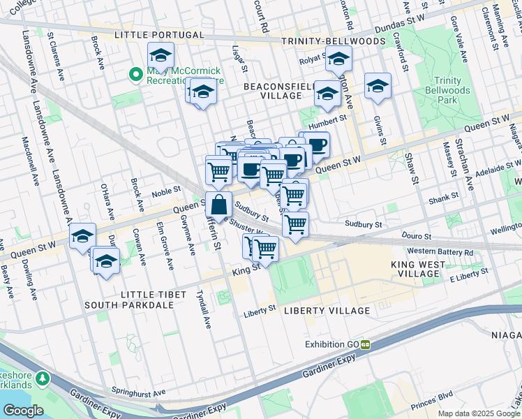 map of restaurants, bars, coffee shops, grocery stores, and more near 180 Sudbury Street in Toronto
