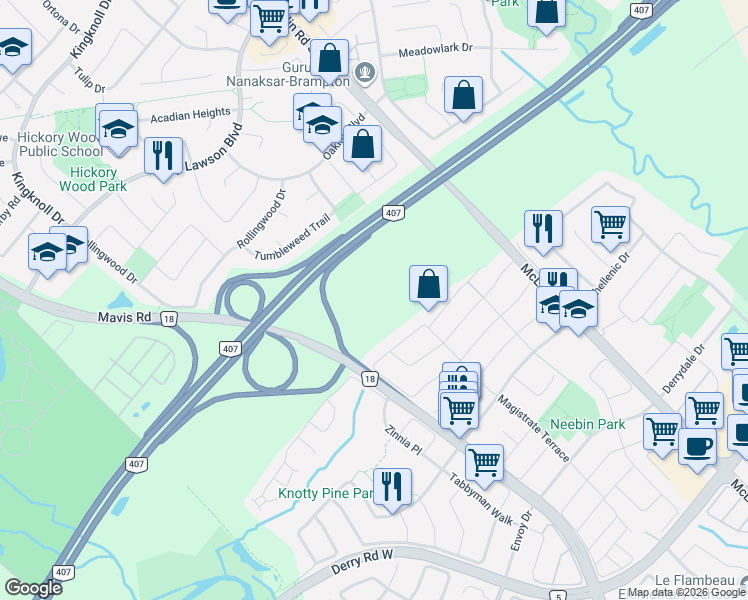map of restaurants, bars, coffee shops, grocery stores, and more near in Mississauga
