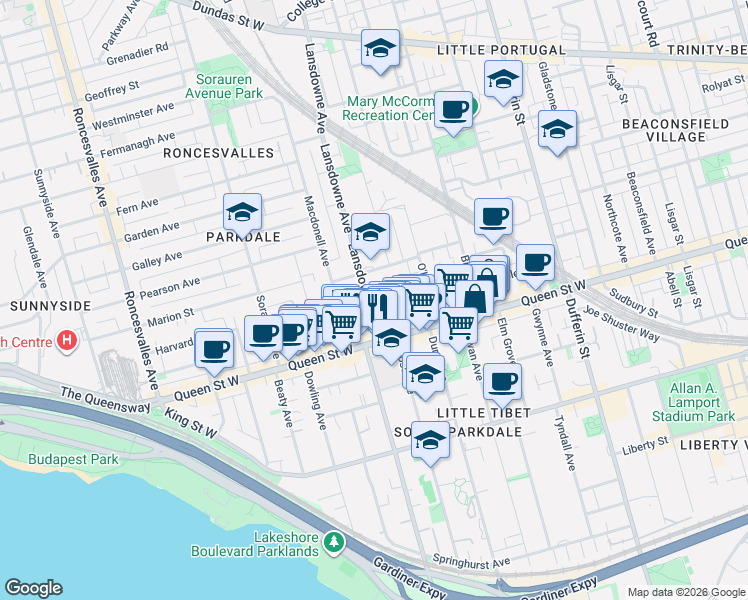 map of restaurants, bars, coffee shops, grocery stores, and more near 35 Lansdowne Avenue in Toronto