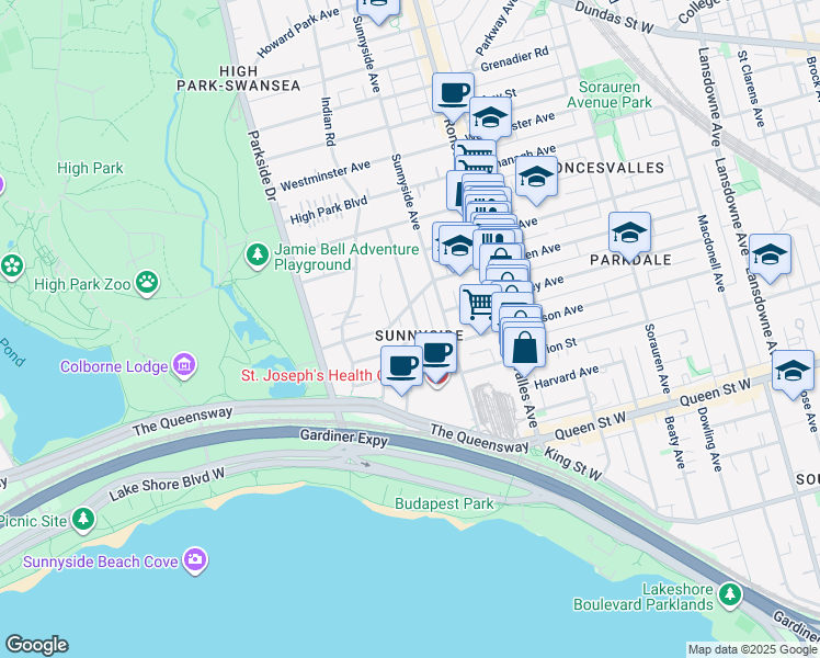 map of restaurants, bars, coffee shops, grocery stores, and more near 76 Glendale Avenue in Toronto