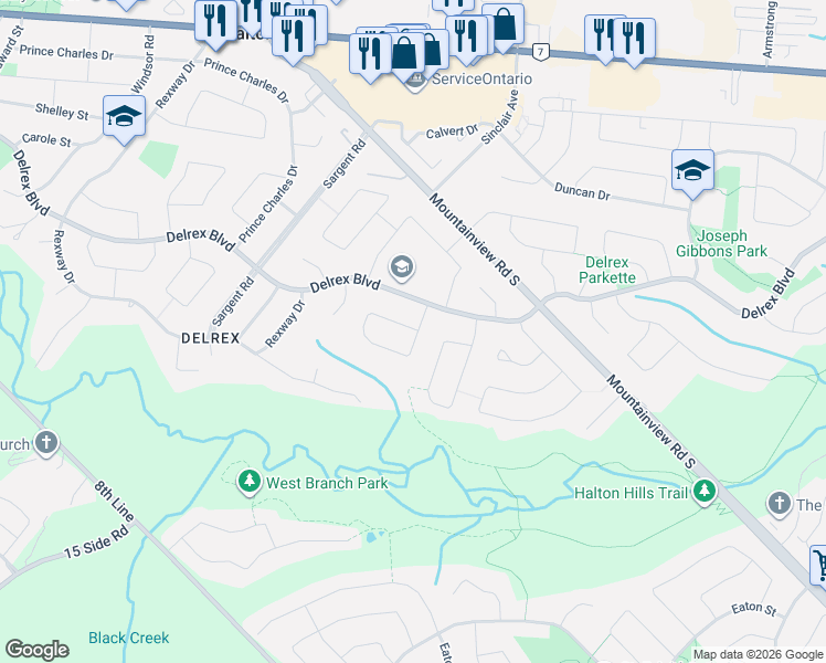 map of restaurants, bars, coffee shops, grocery stores, and more near 5 Stockman Crescent in Halton Hills