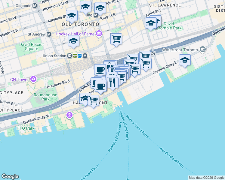 map of restaurants, bars, coffee shops, grocery stores, and more near 10 Queens Quay West in Toronto