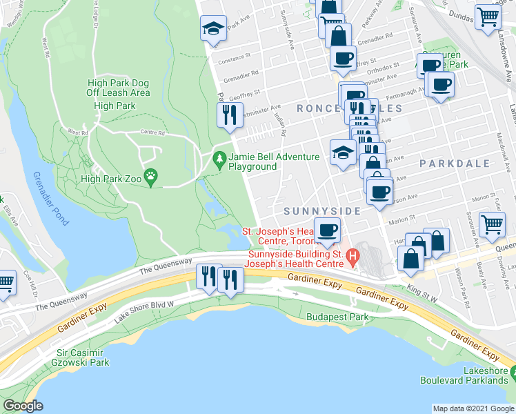 map of restaurants, bars, coffee shops, grocery stores, and more near 101 Parkside Drive in Toronto