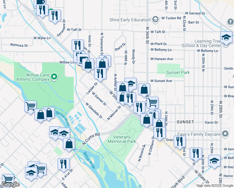 map of restaurants, bars, coffee shops, grocery stores, and more near 2427 North Arthur Street in Boise