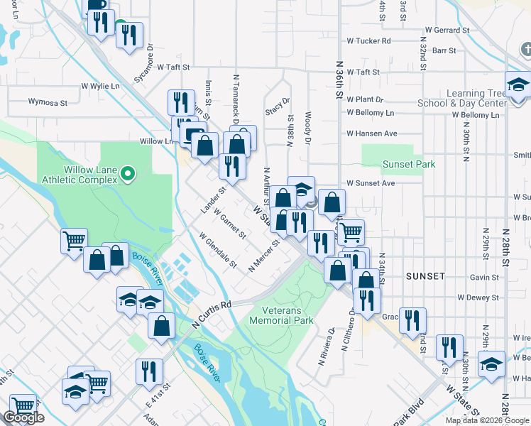 map of restaurants, bars, coffee shops, grocery stores, and more near 3922 West State Street in Boise