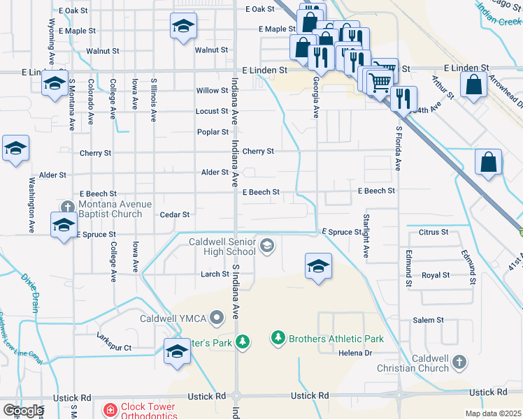 map of restaurants, bars, coffee shops, grocery stores, and more near 2207 Ison Court in Caldwell